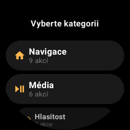 Kategorie akcí ovladače TV v chytrých hodinkách: Navigace, Média, Hlasitost