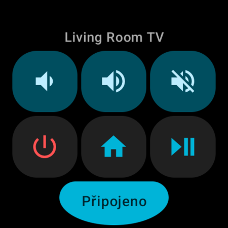 Dlaždice Rychlé akce ve Wear OS pro Android TV – tlačítka Tišeji, Hlasitěji, Ztlumit, Napájení, Domů a Přehrát/Pauza se stavem Připojeno a názvem televize