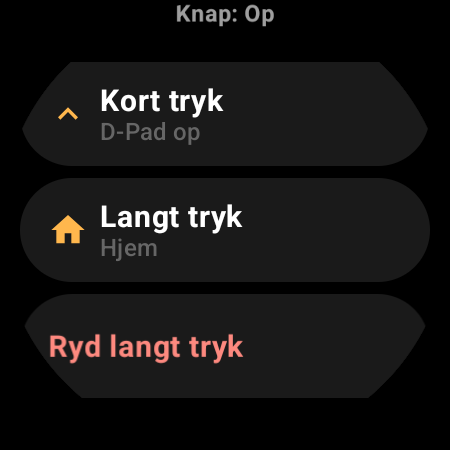 Knaptildeling på smartwatch-fjernbetjeningen til TV med handlinger for »Kort tryk« og »Langt tryk«