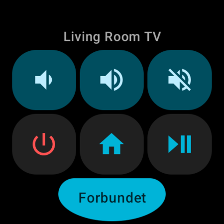 Wear OS-feltet Hurtige handlinger til et Android TV – knapperne Lyd ned, Lyd op, Lyd fra, Tænd/sluk, Hjem og Afspil/Pause med status »Forbundet« og TV’ets navn