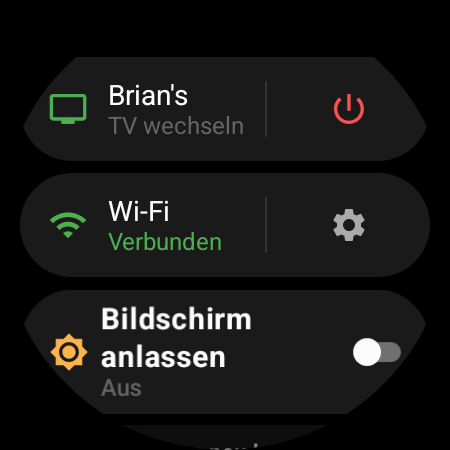 Uhrmenü mit dem aktiven Fernseher oben und der Verknüpfung „TV wechseln“ neben einer roten Ein/Aus-Taste
