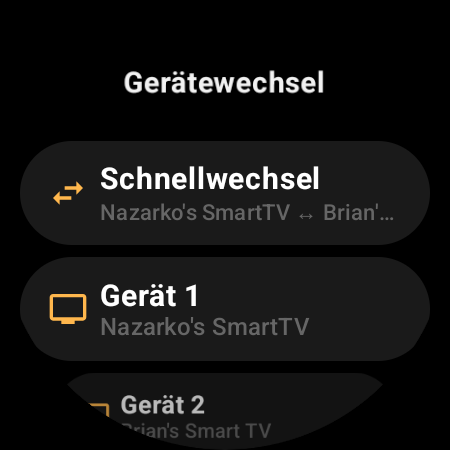 Bildschirm „Gerätewechsel“ mit „Schnellwechsel“ zwischen zwei Android-TV-Geräten sowie den Plätzen „Gerät 1“ und „Gerät 2“
