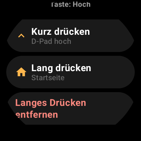 Tastenbelegung der Smartwatch-TV-Fernbedienung mit Aktionen für „Kurz drücken“ und „Lang drücken“