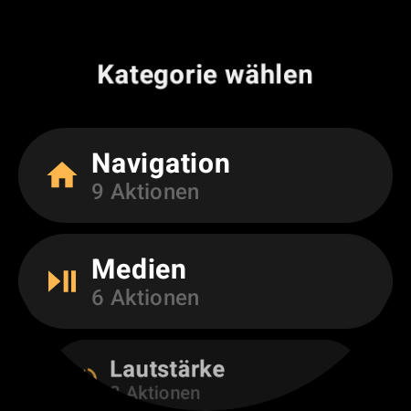 Aktionskategorien der Smartwatch-TV-Fernbedienung: Navigation, Medien, Lautstärke