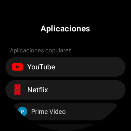 Lista de Aplicaciones en un reloj Wear OS: YouTube, Netflix, Prime Video y otras aplicaciones de TV listas para asignarse a un botón