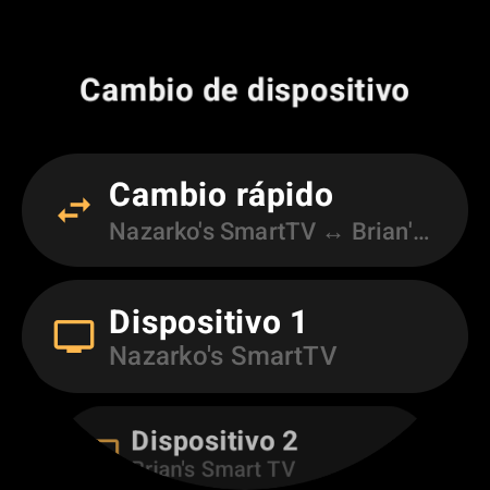 Pantalla Cambio de dispositivo con Cambio rápido para alternar entre dos Android TV, además de las posiciones Dispositivo 1 y Dispositivo 2