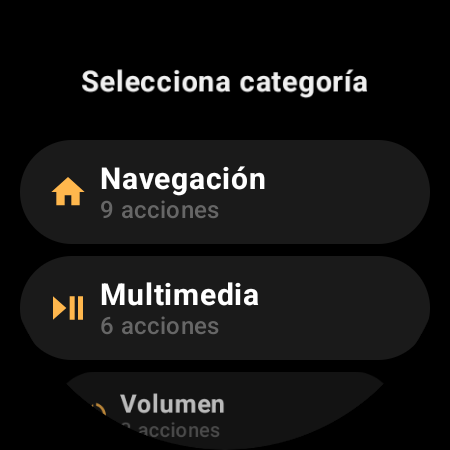 Categorías de acciones del mando de TV en el smartwatch: Navegación, Multimedia, Volumen