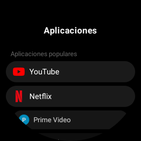 Lista de Aplicaciones en un reloj Wear OS: YouTube, Netflix, Prime Video y otras apps de TV listas para asignarse a un botón