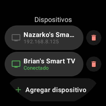 Lista de Dispositivos de TV Remote en un reloj Wear OS con dos Android TV vinculadas: una conectada en verde y otra guardada con su IP, además de la fila Agregar dispositivo