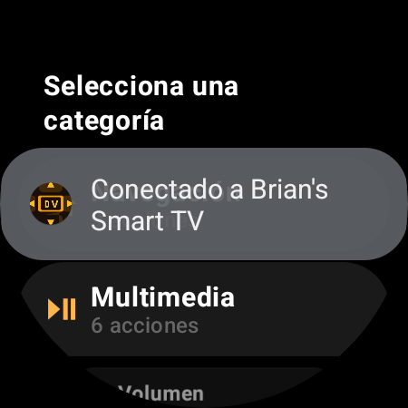Categorías de acciones del control remoto de TV en smartwatch: Navegación, Multimedia, Volumen