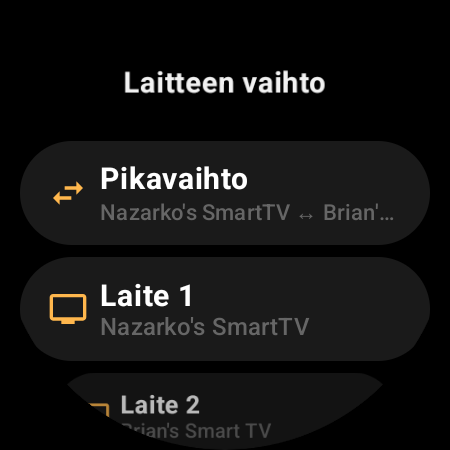 Laitteen vaihto -näkymä, jossa Pikavaihto vaihtaa kahden Android TV:n välillä, sekä paikat Laite 1 ja Laite 2