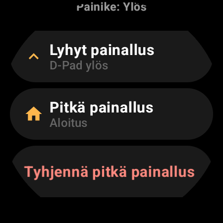 Älykellon TV-kaukosäätimen painikeasetukset, joissa näkyvät toiminnot kohdille Lyhyt painallus ja Pitkä painallus