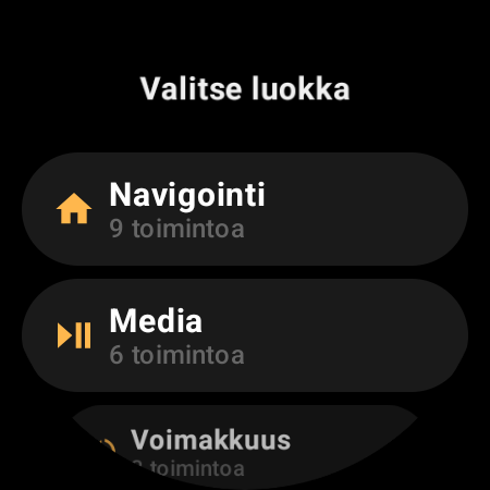 Älykellon TV-kaukosäätimen toimintoluokat: Navigointi, Media, Voimakkuus