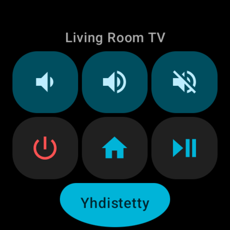 Wear OS -kellon Pikatoiminnot-ruutu Android TV:lle – painikkeet Voimakkuus −, Voimakkuus +, Mykistä, Virta, Aloitus ja Toista/Tauko, tila Yhdistetty ja TV:n nimi