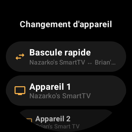 Écran « Changement d’appareil » avec « Bascule rapide » entre deux Android TV, et les emplacements « Appareil 1 » et « Appareil 2 »