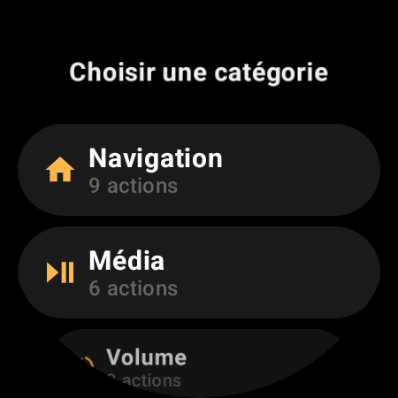 Catégories d’actions de la télécommande TV sur montre connectée : Navigation, Média, Volume