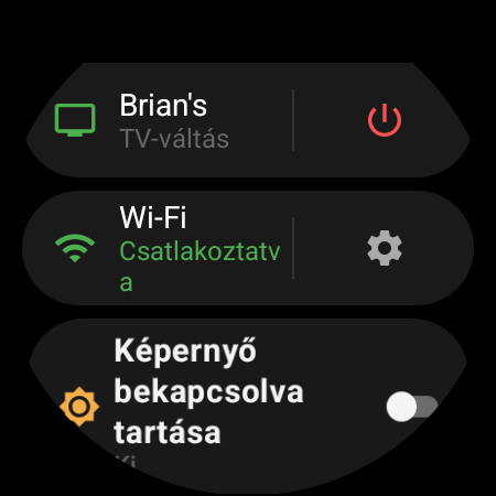 Az óra menüje felül az aktív TV-vel, a piros bekapcsológomb mellett pedig egy „TV-váltás” parancsikonnal