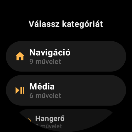 Okosórás TV-távirányító műveletkategóriái: Navigáció, Média, Hangerő