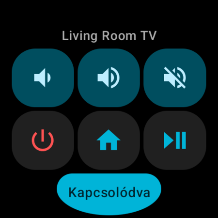 Wear OS-es Gyorsműveletek csempe Android TV-hez – Hangerő −, Hangerő +, Némítás, Bekapcsolás, Főképernyő és Lejátszás/Szünet gomb, „Kapcsolódva” állapottal és a TV nevével