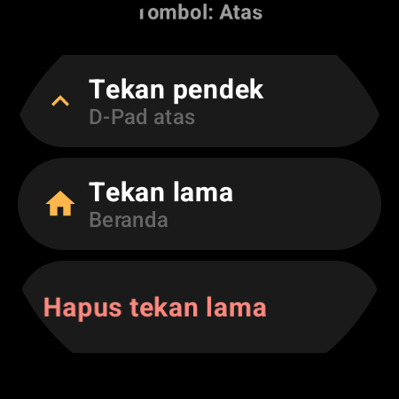 Pengaturan pemetaan ulang tombol remote TV di smartwatch yang menampilkan aksi Tekan pendek dan Tekan lama