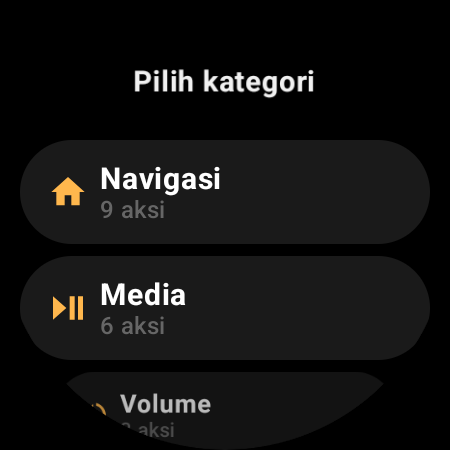 Kategori aksi remote TV di smartwatch: Navigasi, Media, Volume