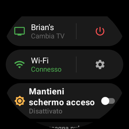 Menu dell’orologio con la TV attiva in alto e la scorciatoia «Cambia TV» accanto a un pulsante di accensione rosso