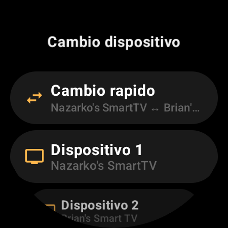 Schermata «Cambio dispositivo» con «Cambio rapido» tra due Android TV e gli slot «Dispositivo 1» e «Dispositivo 2»