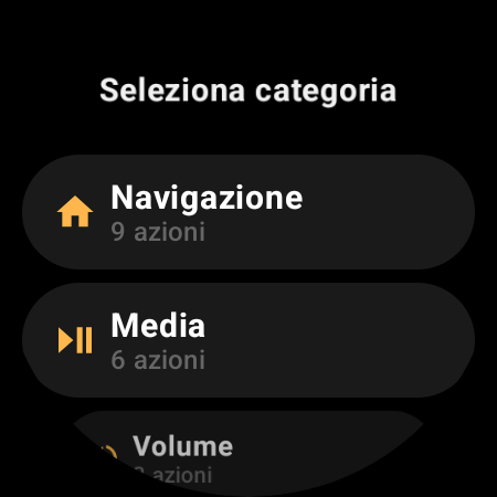 Categorie di azioni del telecomando TV per smartwatch: Navigazione, Media, Volume