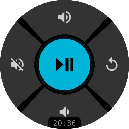 Smartwatch TV remote media controls — Play, Pause, Volume, Mute on WearOS watch