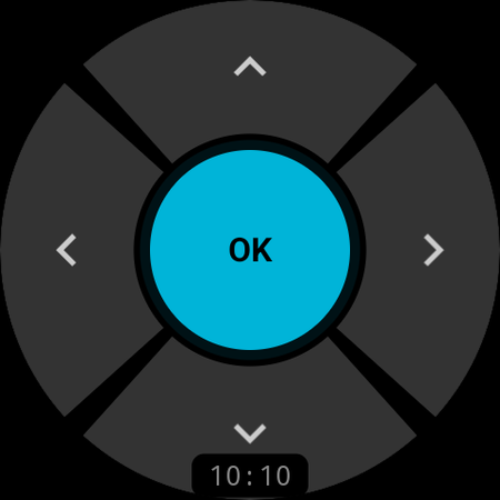Smartwatch-App als TV-Fernbedienung – Navigationsbildschirm mit Steuerkreuz und Richtungstasten auf einer Wear-OS-Uhr