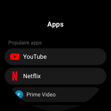 Lijst met apps op een Wear OS-horloge – YouTube, Netflix, Prime Video en andere TV-apps, klaar om aan een knop te worden toegewezen