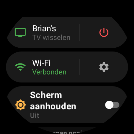 Horlogemenu met de actieve TV bovenaan en een snelkoppeling ‘TV wisselen’ naast een rode aan/uit-knop