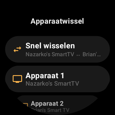 Scherm ‘Apparaatwissel’ met ‘Snel wisselen’ tussen twee Android TV’s, plus de plekken ‘Apparaat 1’ en ‘Apparaat 2’