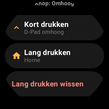 Knoptoewijzing op de smartwatch-afstandsbediening voor TV met acties voor ‘Kort drukken’ en ‘Lang drukken’
