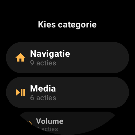 Actiecategorieën van de smartwatch-afstandsbediening voor TV: Navigatie, Media, Volume