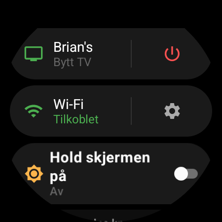 Klokkemenyen med den aktive TV-en øverst og snarveien Bytt TV ved siden av en rød av/på-knapp