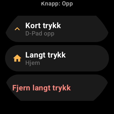 Knappetilordning i TV-fjernkontrollen for smartklokke med handlinger for Kort trykk og Langt trykk