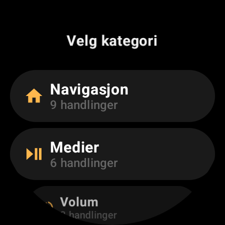 Handlingskategorier i TV-fjernkontrollen for smartklokke: Navigasjon, Medier, Volum