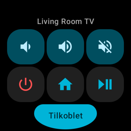 Wear OS-kortet Hurtighandlinger for en Android TV – knappene Volum ned, Volum opp, Lyd av, Av/på, Hjem og Spill av/Pause med statusen Tilkoblet og navnet på TV-en