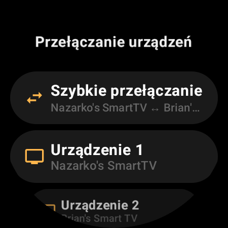 Ekran Przełączanie urządzeń z opcją Szybkie przełączanie między dwoma Android TV oraz polami Urządzenie 1 i Urządzenie 2