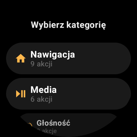 Kategorie akcji w pilocie do TV na smartwatch: Nawigacja, Media, Głośność