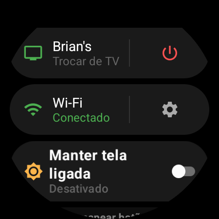 Menu do relógio com a TV ativa no topo e o atalho Trocar de TV ao lado de um botão liga/desliga vermelho