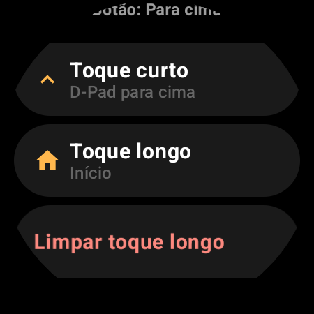 Configuração de remapeamento de botão do controle remoto de TV no smartwatch mostrando ações de Toque curto e Toque longo