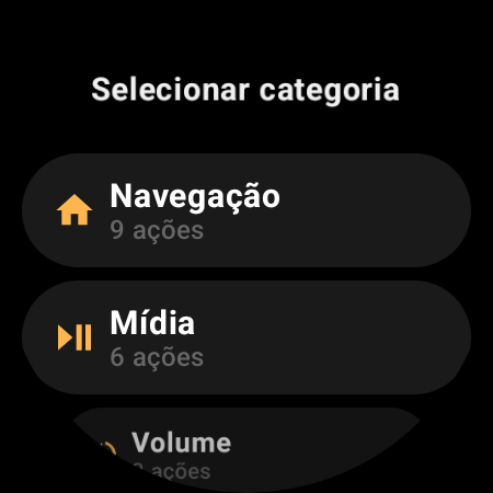 Categorias de ações do controle remoto de TV no smartwatch: Navegação, Mídia, Volume