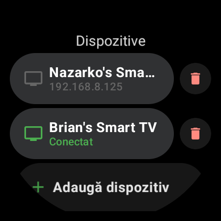Lista Dispozitive din TV Remote pe un ceas Wear OS, cu două televizoare Android TV asociate – unul conectat, în verde, celălalt salvat după IP – și rândul „Adaugă dispozitiv”