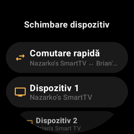 Ecranul „Schimbare dispozitiv” cu „Comutare rapidă” între două televizoare Android TV, plus sloturile „Dispozitiv 1” și „Dispozitiv 2”
