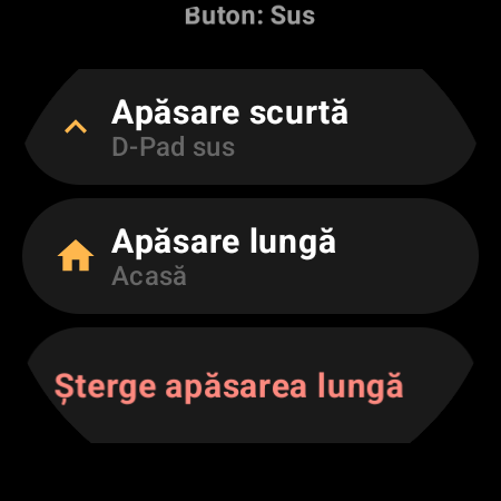 Configurarea unui buton al telecomenzii TV de pe ceasul smart, cu acțiunile pentru Apăsare scurtă și Apăsare lungă