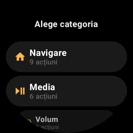 Categoriile de acțiuni ale telecomenzii TV de pe ceasul smart: Navigare, Media, Volum