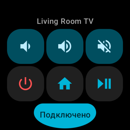 Плитка «Быстрые действия» в Wear OS для Android TV — кнопки «Тише», «Громче», «Без звука», «Питание», «Главная» и «Воспроизведение / Пауза» со статусом «Подключено» и названием TV