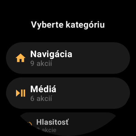 Kategórie akcií ovládača TV v smart hodinkách: Navigácia, Médiá, Hlasitosť